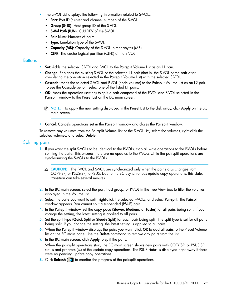 Buttons, Splitting pairs | HP XP Business Copy Software User Manual | Page 65 / 92