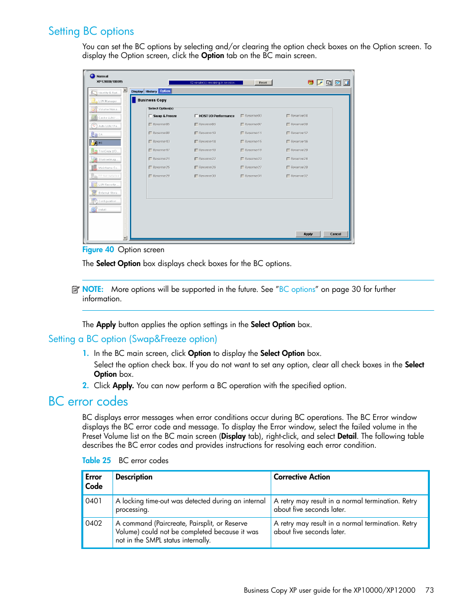 Setting bc options, Figure 40 option screen, Setting a bc option (swap&freeze option) | Bc error codes, Table 25 bc error codes (continued), 40 option screen, 25 bc error codes | HP XP Business Copy Software User Manual | Page 73 / 92