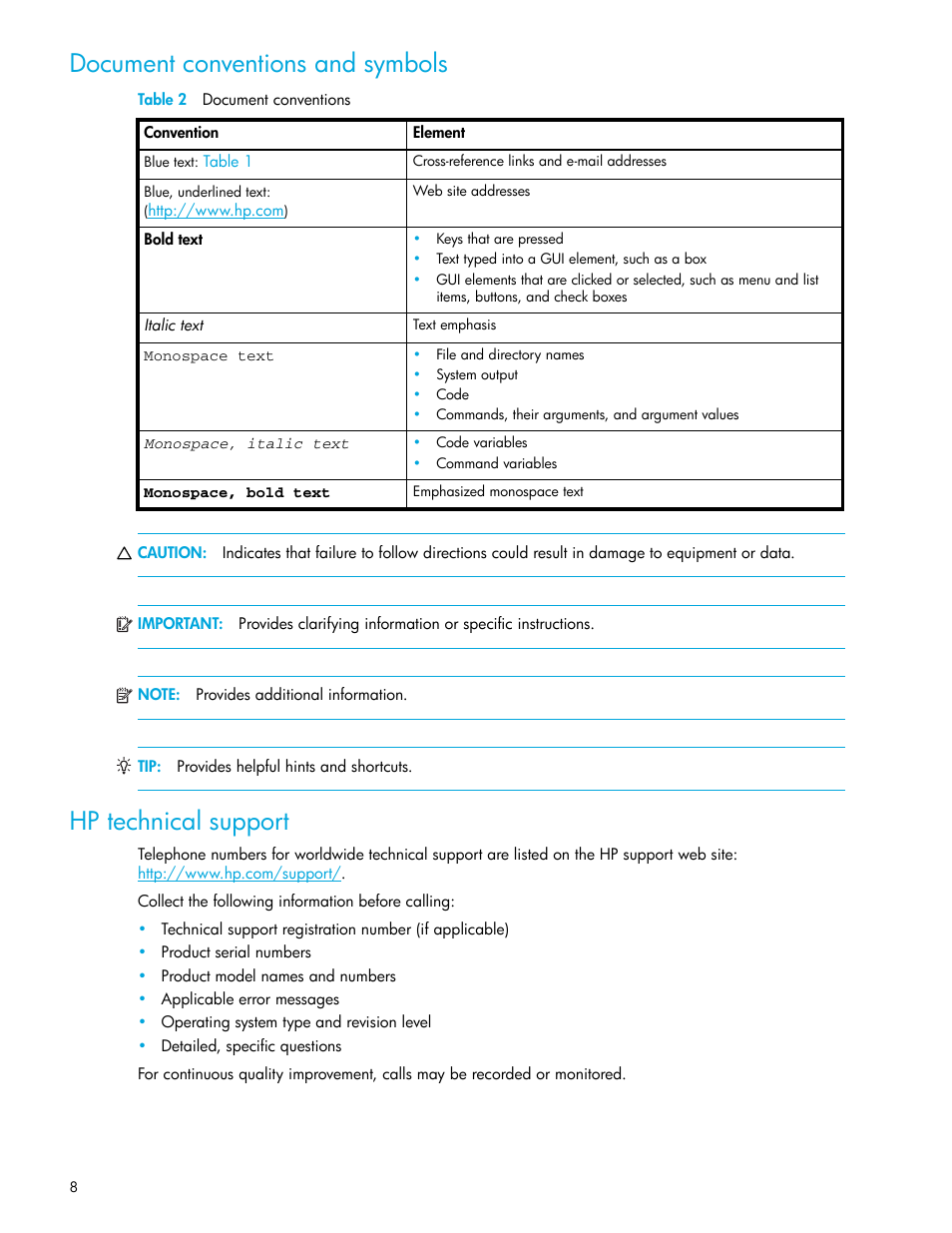 Document conventions and symbols, Table 2 document conventions, Hp technical support | 2 document conventions | HP XP Business Copy Software User Manual | Page 8 / 92