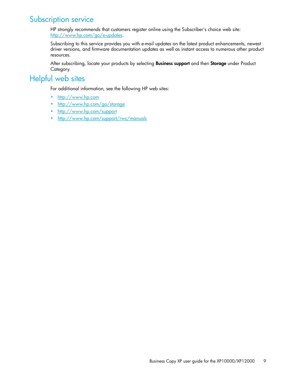 Subscription service, Helpful web sites | HP XP Business Copy Software User Manual | Page 9 / 92