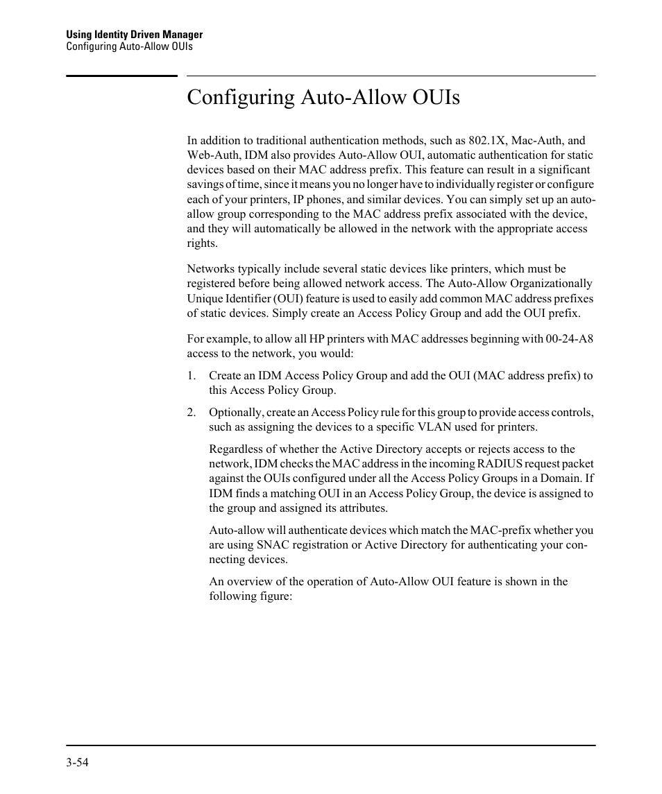 Configuring auto-allow ouis | HP Identity Driven Manager Software Licenses User Manual | Page 118 / 230