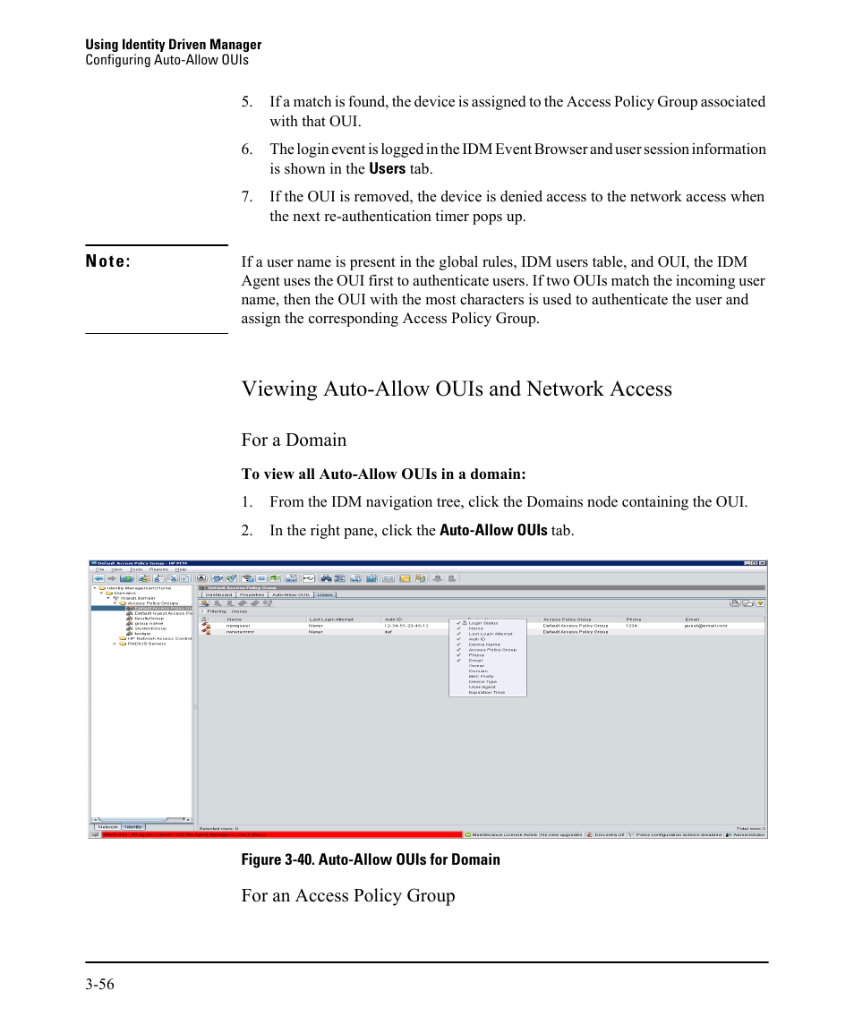 Viewing auto-allow ouis and network access, Viewing auto-allow ouis and network access -56 | HP Identity Driven Manager Software Licenses User Manual | Page 120 / 230