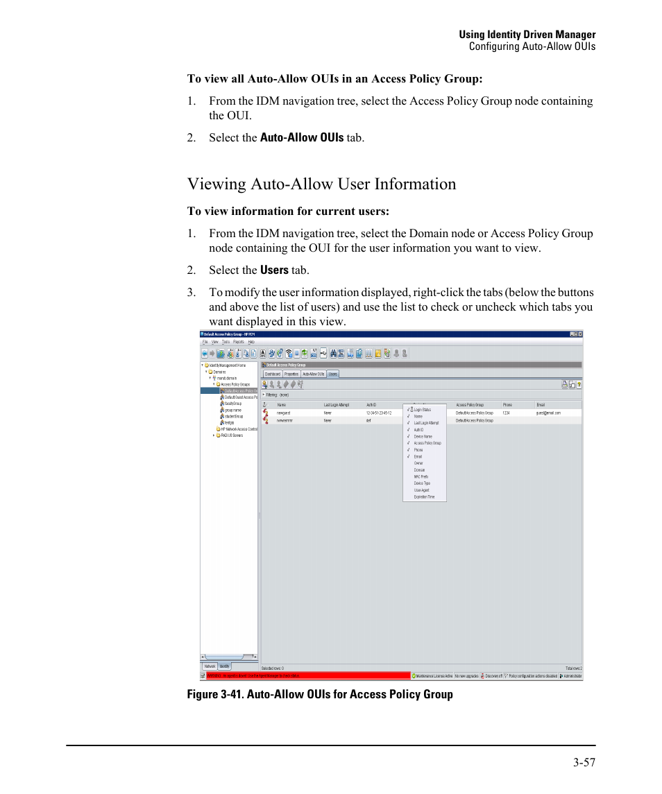 Viewing auto-allow user information, Viewing auto-allow user information -57 | HP Identity Driven Manager Software Licenses User Manual | Page 121 / 230