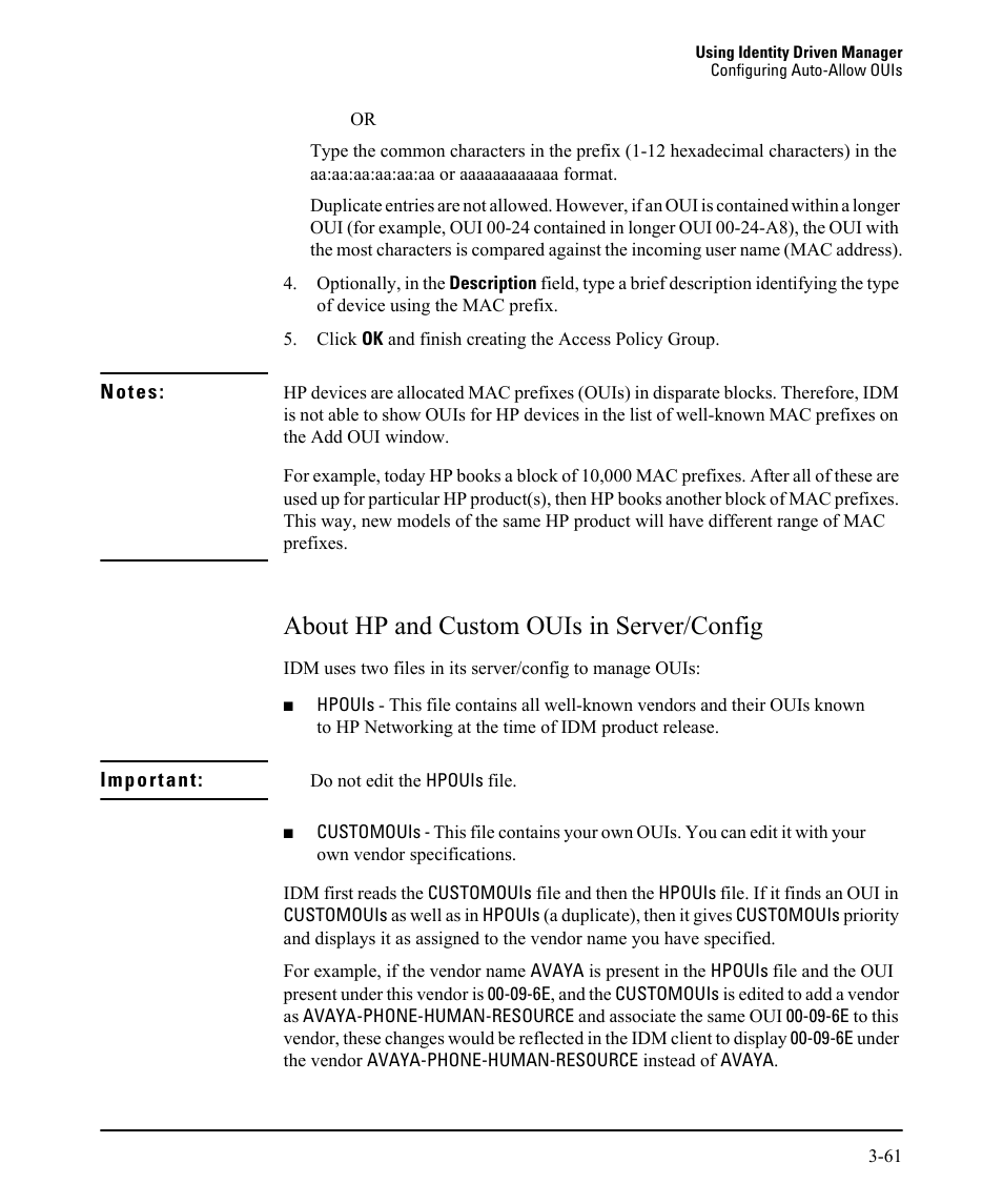 About hp and custom ouis in server/config, About hp and custom ouis in server/config -62 | HP Identity Driven Manager Software Licenses User Manual | Page 125 / 230