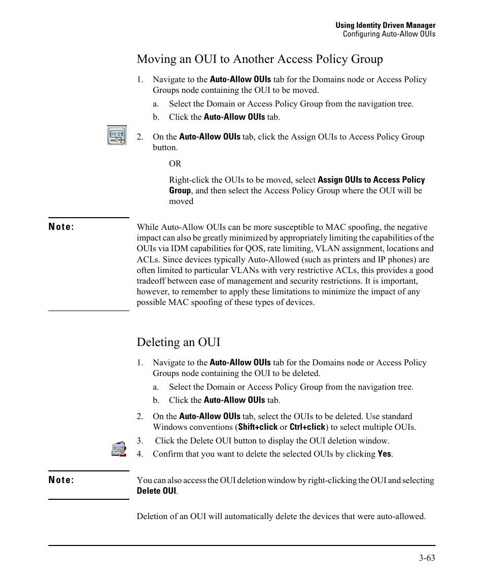 Moving an oui to another access policy group, Deleting an oui | HP Identity Driven Manager Software Licenses User Manual | Page 127 / 230