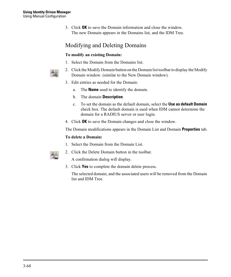 Modifying and deleting domains, Modifying and deleting domains -68 | HP Identity Driven Manager Software Licenses User Manual | Page 132 / 230