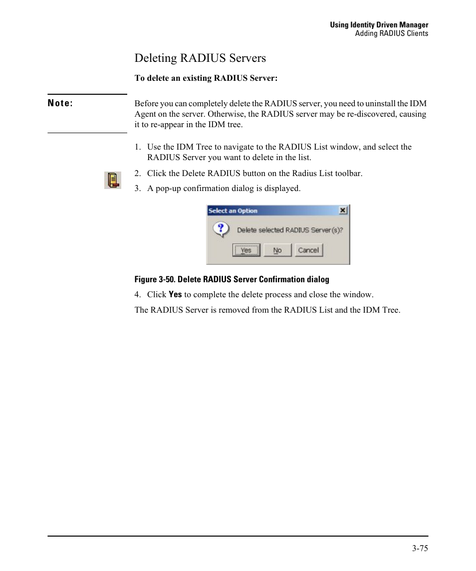 Deleting radius servers, Deleting radius servers -75 | HP Identity Driven Manager Software Licenses User Manual | Page 139 / 230