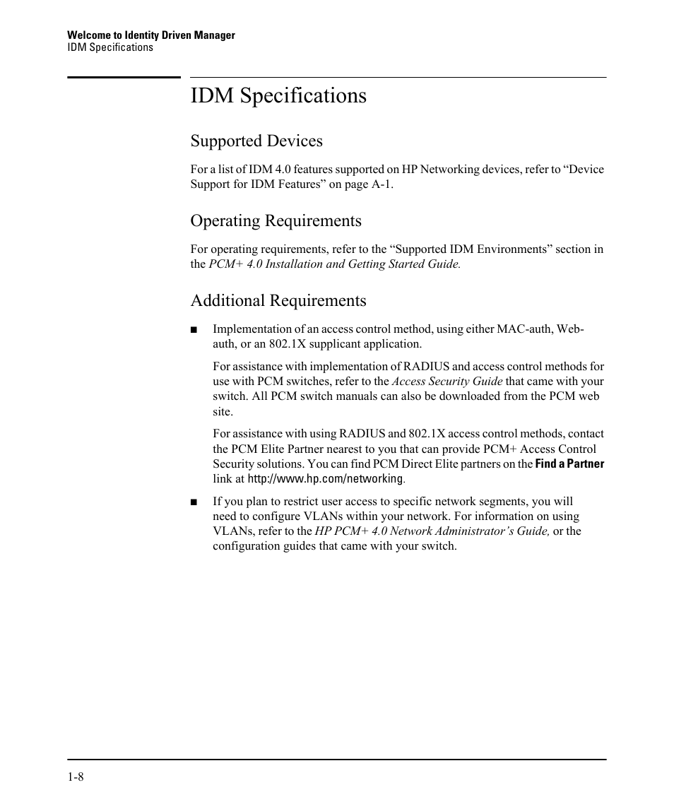 Idm specifications, Supported devices, Operating requirements | Additional requirements | HP Identity Driven Manager Software Licenses User Manual | Page 14 / 230