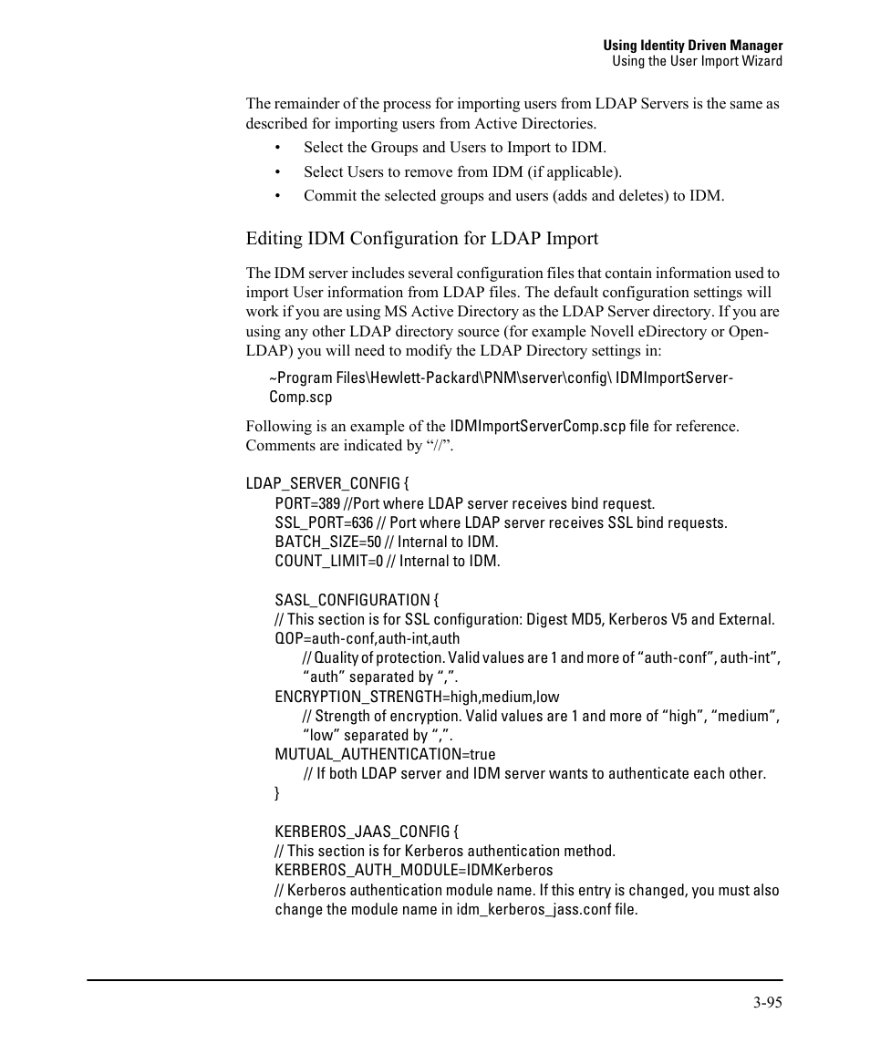 Editing idm configuration for ldap import | HP Identity Driven Manager Software Licenses User Manual | Page 159 / 230