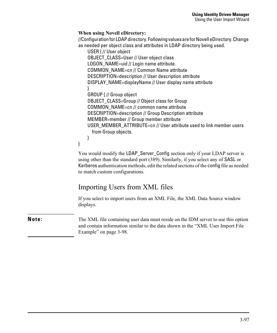 Importing users from xml files, Importing users from xml files -97 | HP Identity Driven Manager Software Licenses User Manual | Page 161 / 230