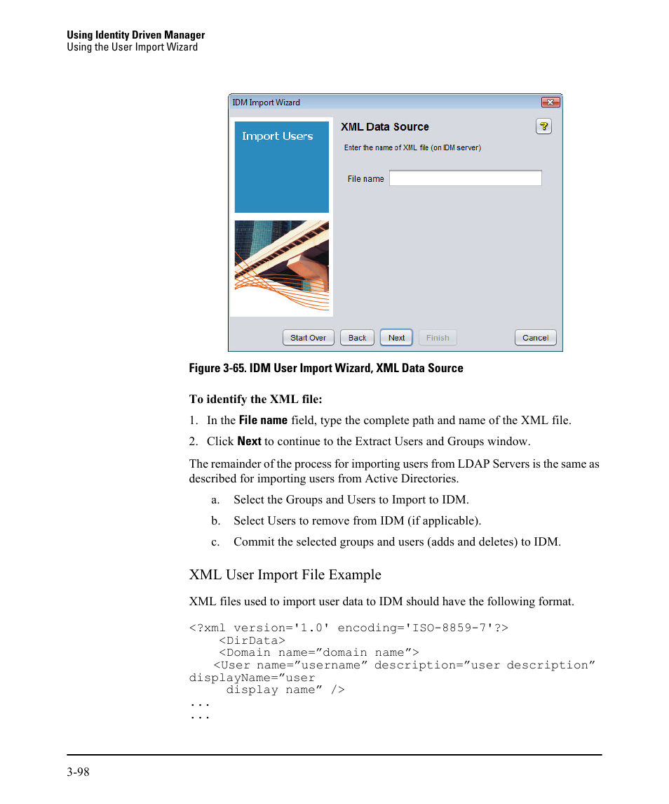 Xml user import file example | HP Identity Driven Manager Software Licenses User Manual | Page 162 / 230