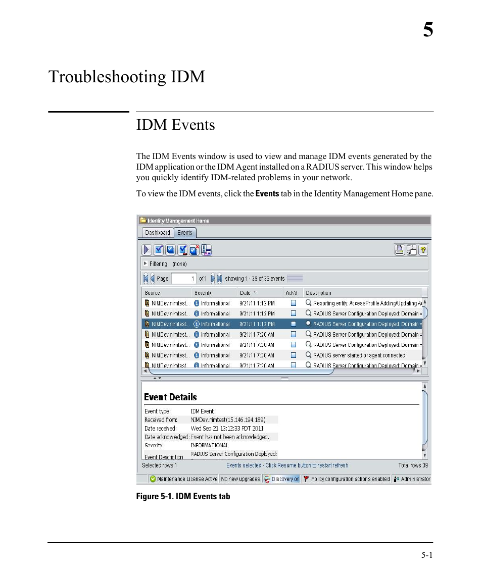 Troubleshooting idm, Idm events, 5 troubleshooting idm | HP Identity Driven Manager Software Licenses User Manual | Page 203 / 230