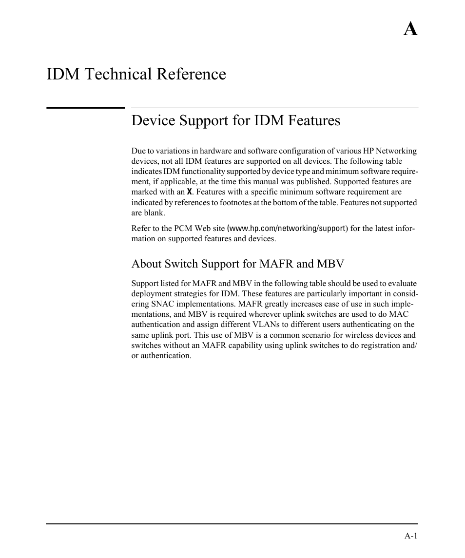 Idm technical reference, Device support for idm features, About switch support for mafr and mbv | A idm technical reference | HP Identity Driven Manager Software Licenses User Manual | Page 217 / 230