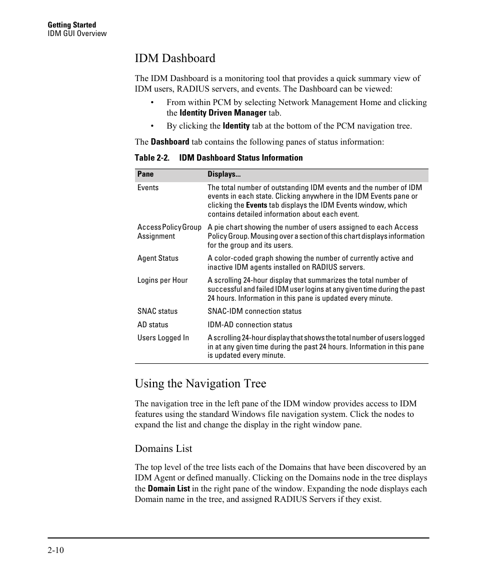 Idm dashboard, Using the navigation tree, Idm dashboard -10 using the navigation tree -10 | Domains list | HP Identity Driven Manager Software Licenses User Manual | Page 26 / 230