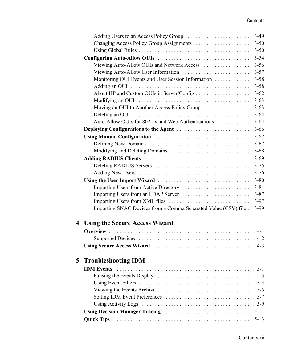 4 using the secure access wizard, 5 troubleshooting idm | HP Identity Driven Manager Software Licenses User Manual | Page 5 / 230