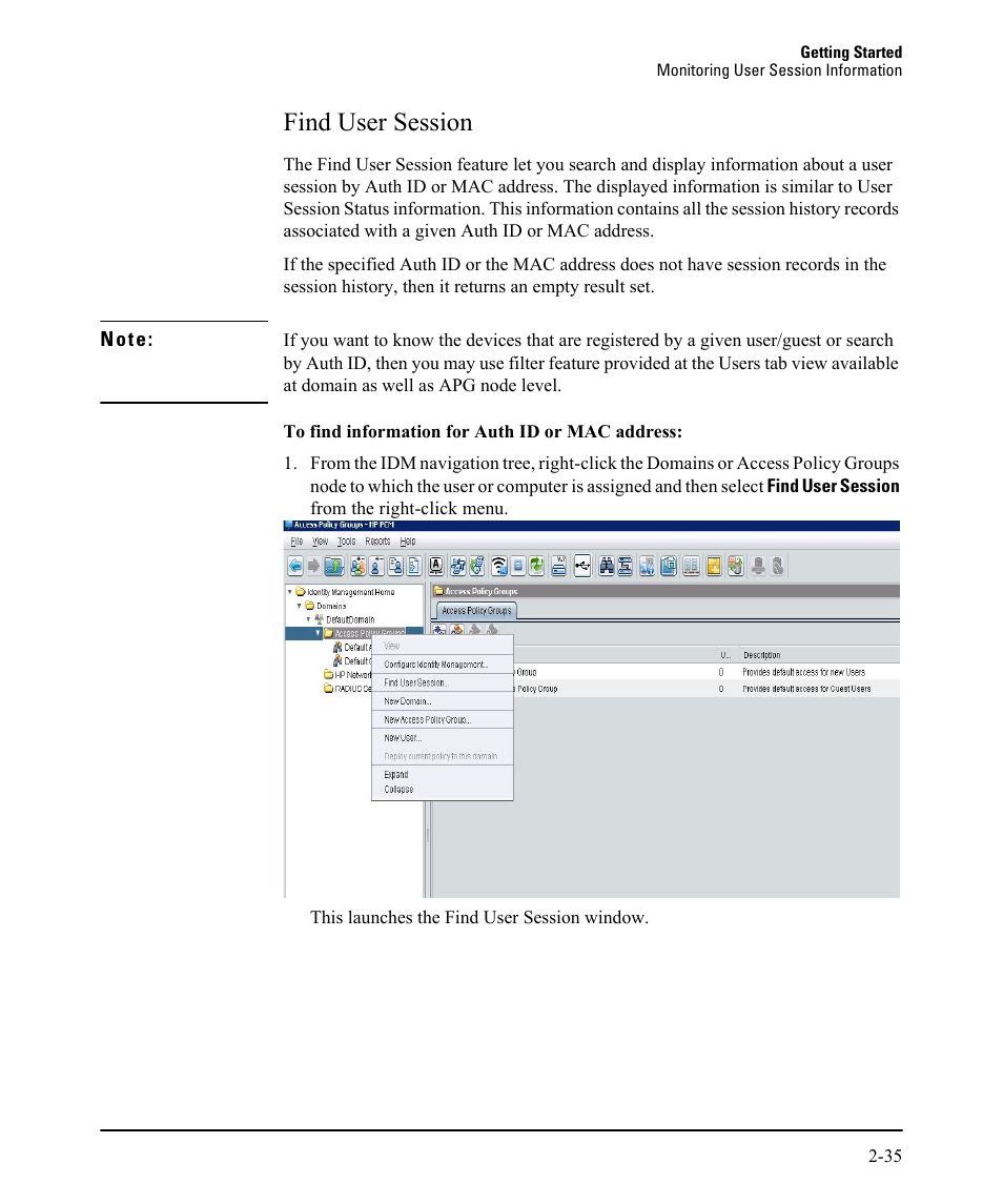 Find user session, Find user session -35 | HP Identity Driven Manager Software Licenses User Manual | Page 51 / 230