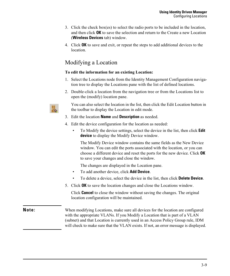 Modifying a location, Modifying a location -9 | HP Identity Driven Manager Software Licenses User Manual | Page 73 / 230