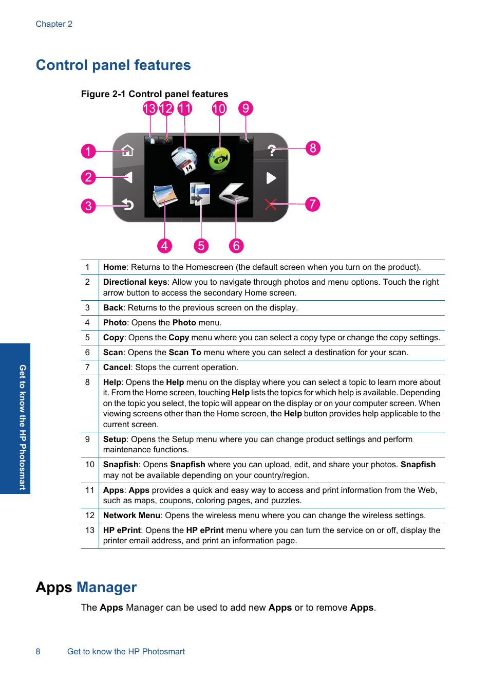 Control panel features, Apps manager, Control panel features apps manager | HP Photosmart Plus e-All-in-One Printer - B210e User Manual | Page 10 / 68