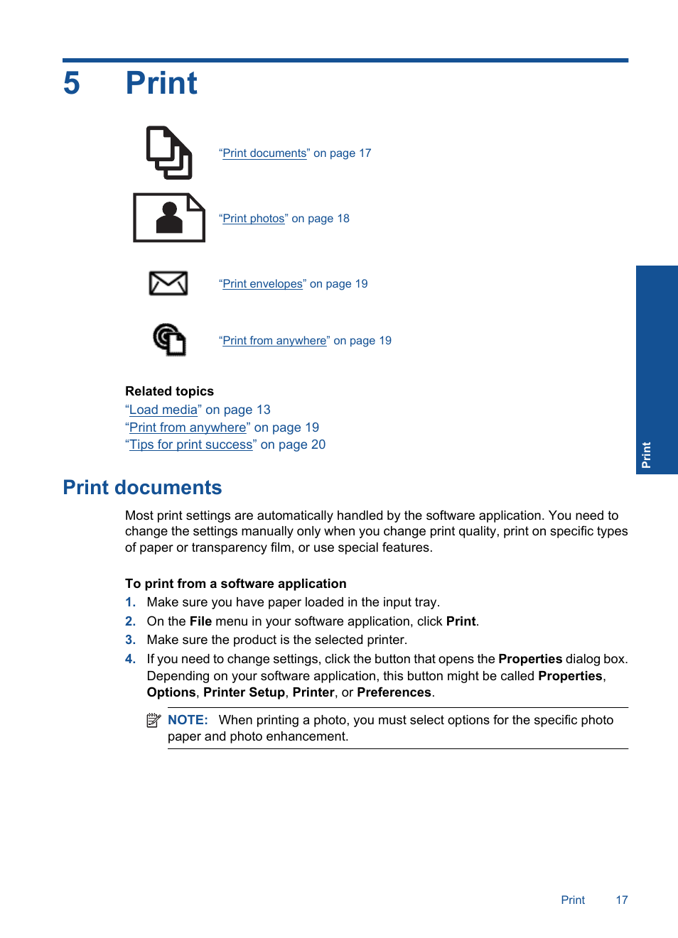 Print, 5 print, 5print | Print documents | HP Photosmart Plus e-All-in-One Printer - B210e User Manual | Page 19 / 68