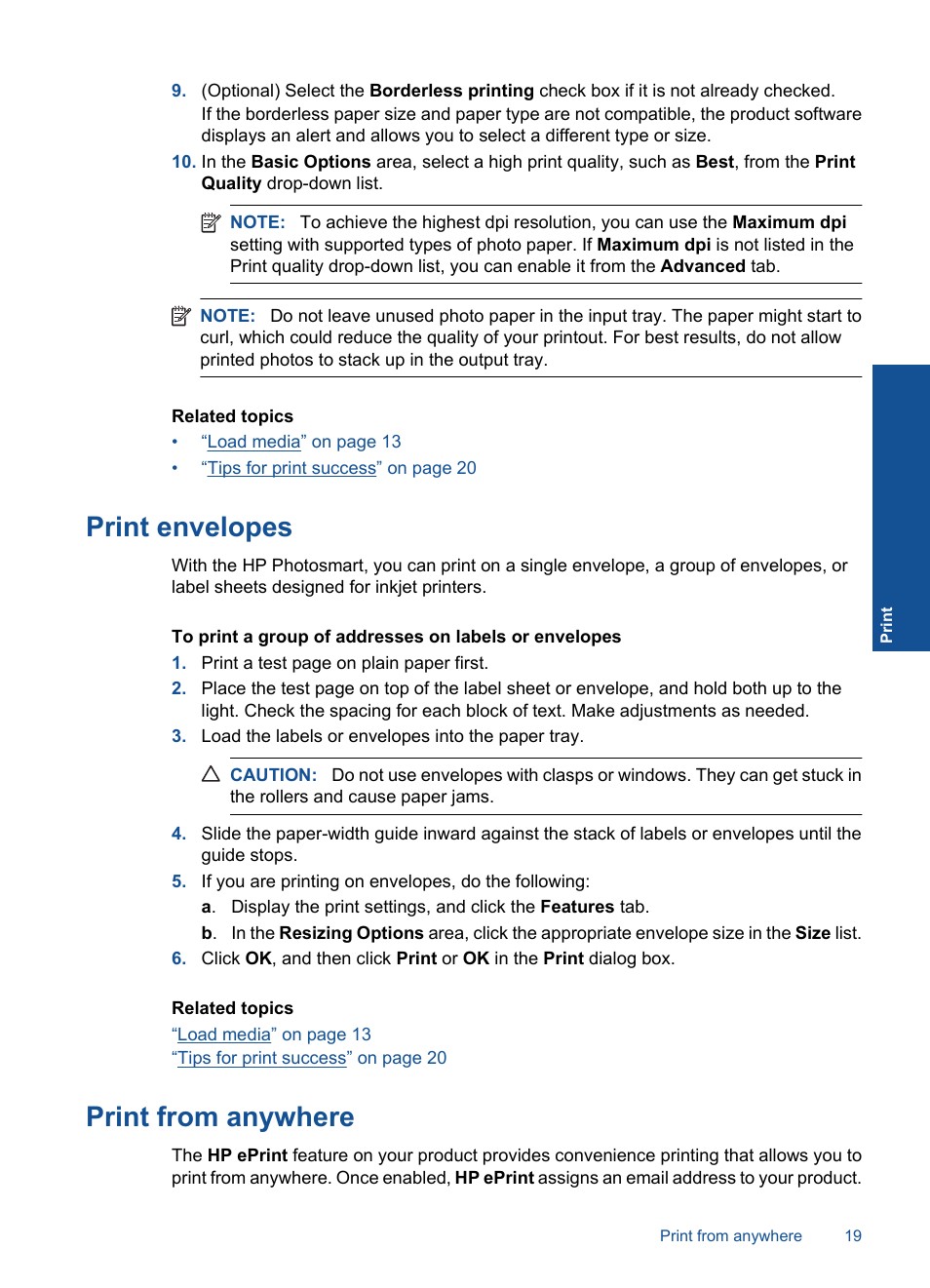 Print from anywhere, Print envelopes | HP Photosmart Plus e-All-in-One Printer - B210e User Manual | Page 21 / 68