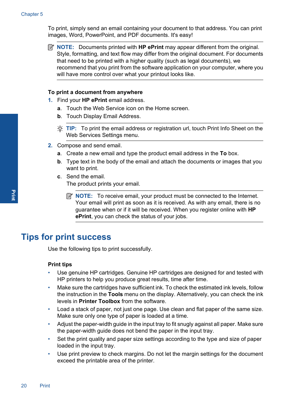 Tips for print success | HP Photosmart Plus e-All-in-One Printer - B210e User Manual | Page 22 / 68