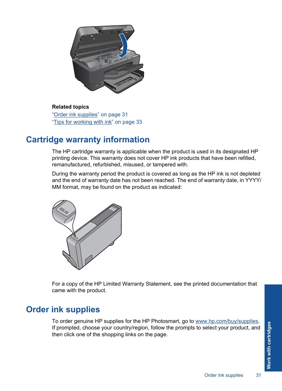 Cartridge warranty information, Order ink supplies, Cartridge warranty information order ink supplies | HP Photosmart Plus e-All-in-One Printer - B210e User Manual | Page 33 / 68