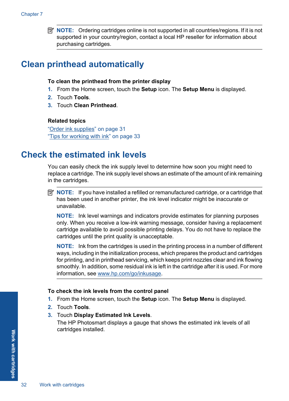 Clean printhead automatically, Check the estimated ink levels | HP Photosmart Plus e-All-in-One Printer - B210e User Manual | Page 34 / 68