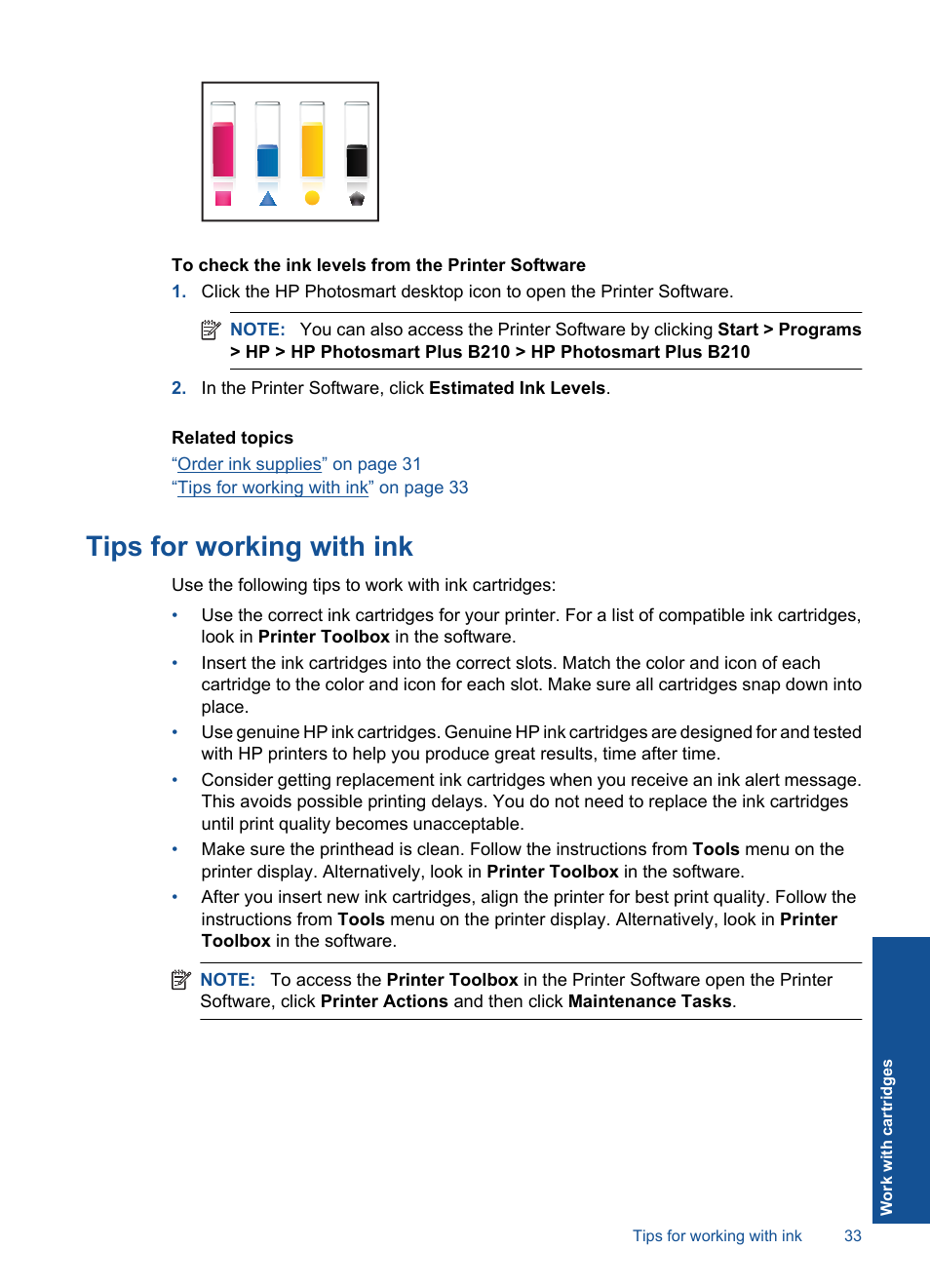 Tips for working with ink | HP Photosmart Plus e-All-in-One Printer - B210e User Manual | Page 35 / 68