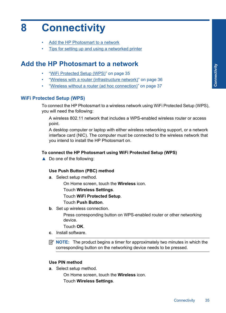 Connectivity, Add the hp photosmart to a network, 8 connectivity | 8connectivity | HP Photosmart Plus e-All-in-One Printer - B210e User Manual | Page 37 / 68