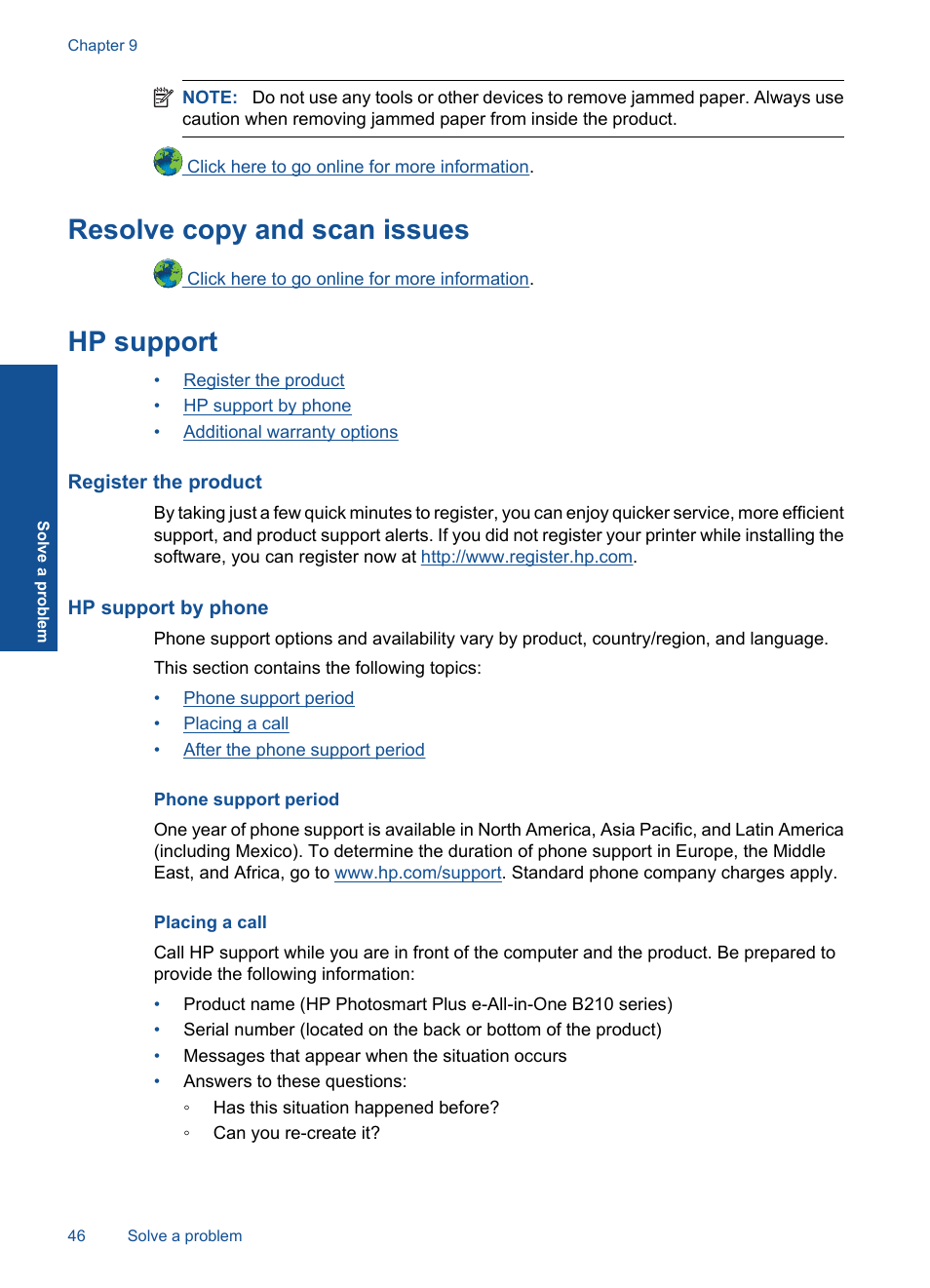 Hp support, Register the product, Hp support by phone | Phone support period, Placing a call, Resolve copy and scan issues | HP Photosmart Plus e-All-in-One Printer - B210e User Manual | Page 48 / 68