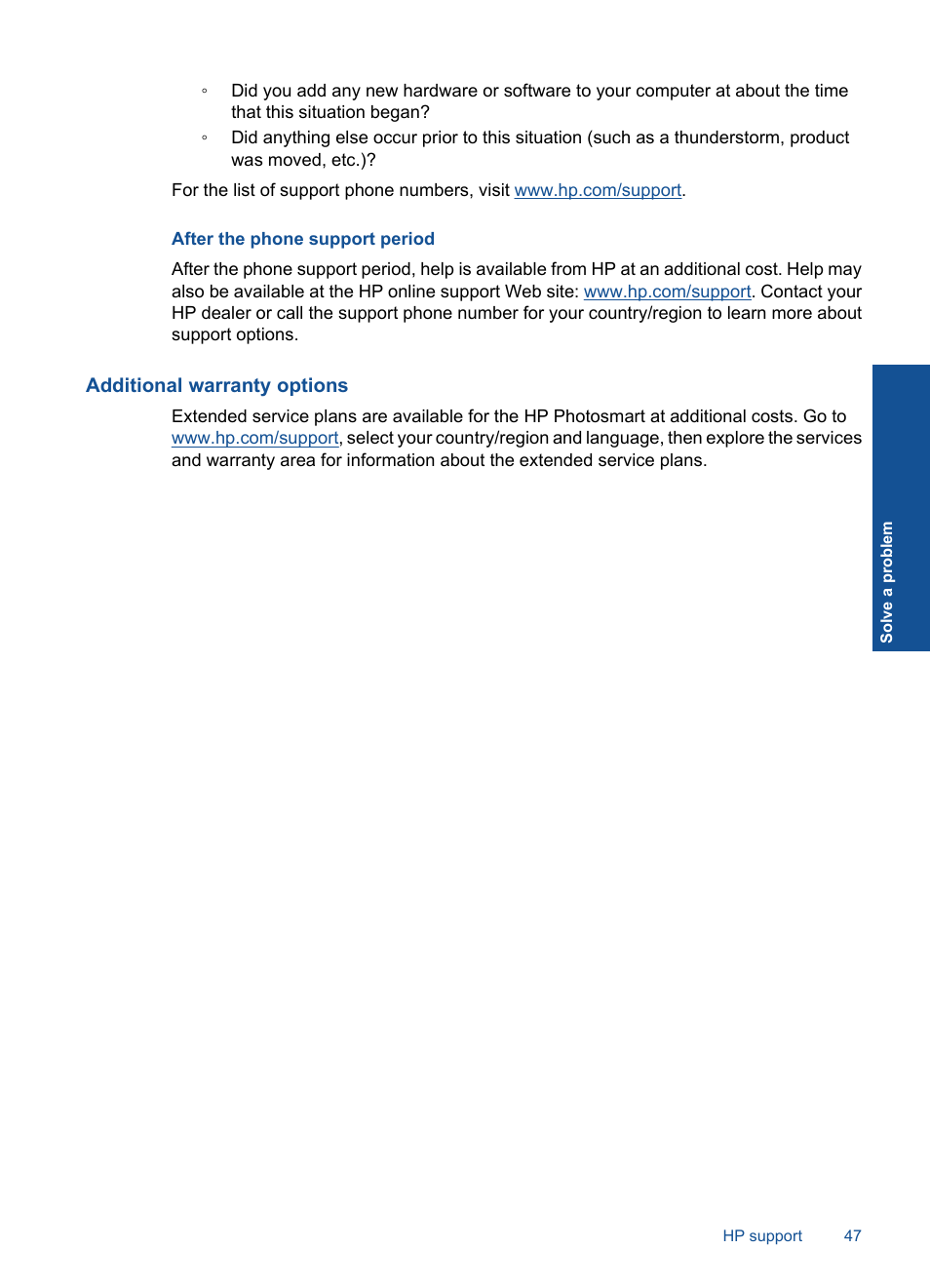 After the phone support period, Additional warranty options | HP Photosmart Plus e-All-in-One Printer - B210e User Manual | Page 49 / 68