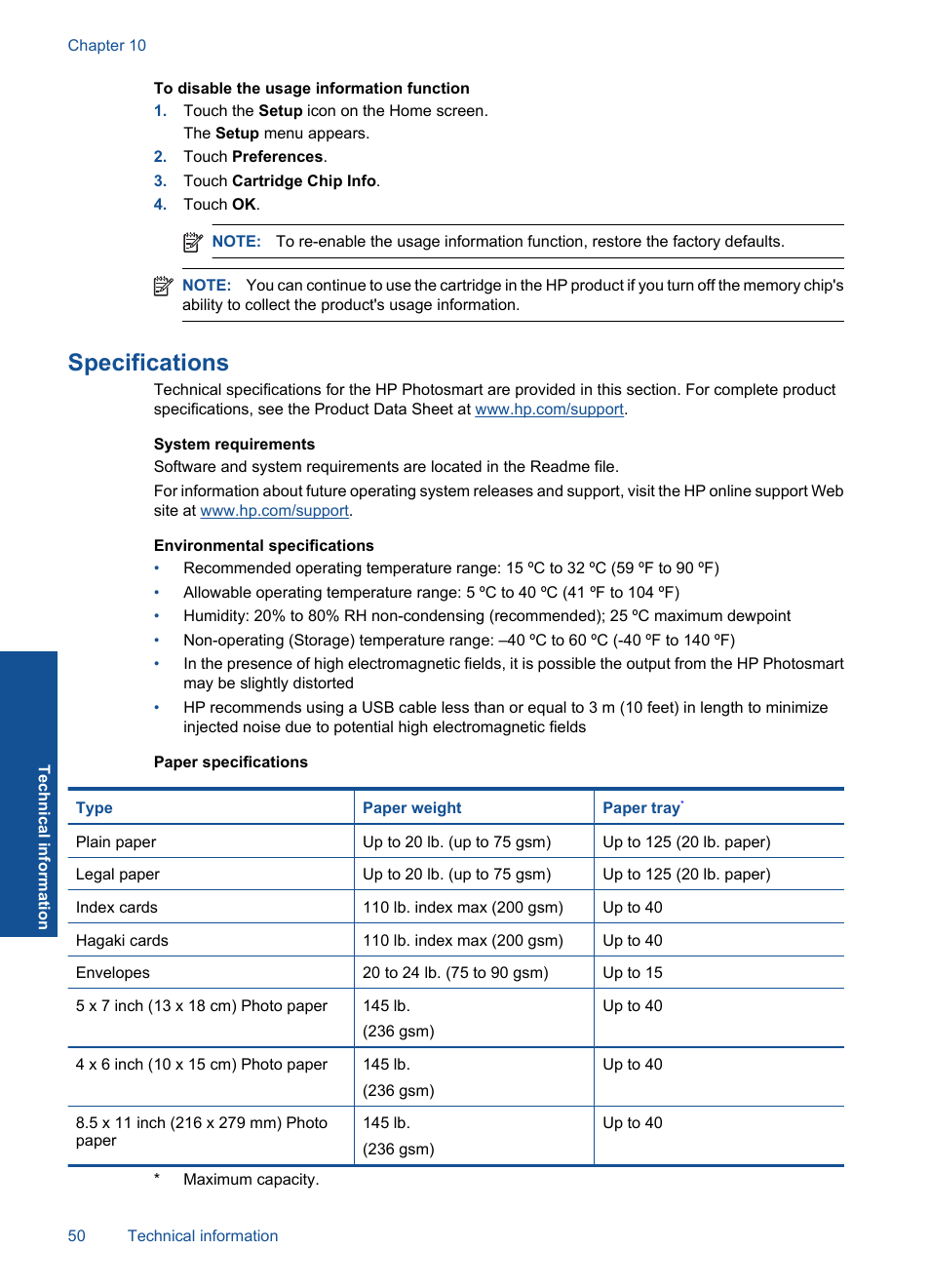 Specifications | HP Photosmart Plus e-All-in-One Printer - B210e User Manual | Page 52 / 68