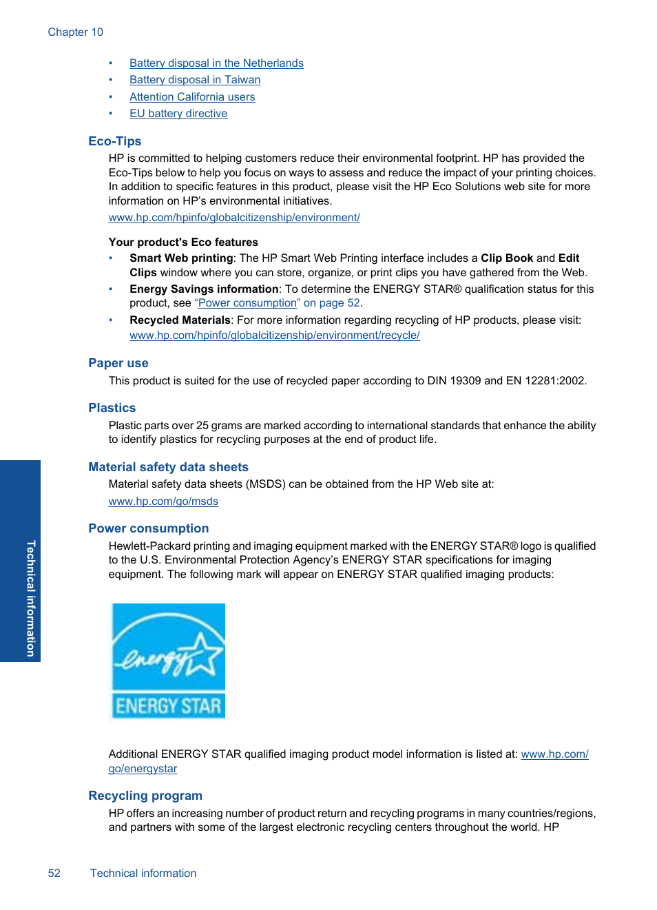 Eco-tips, Paper use, Plastics | Material safety data sheets, Power consumption, Recycling program | HP Photosmart Plus e-All-in-One Printer - B210e User Manual | Page 54 / 68