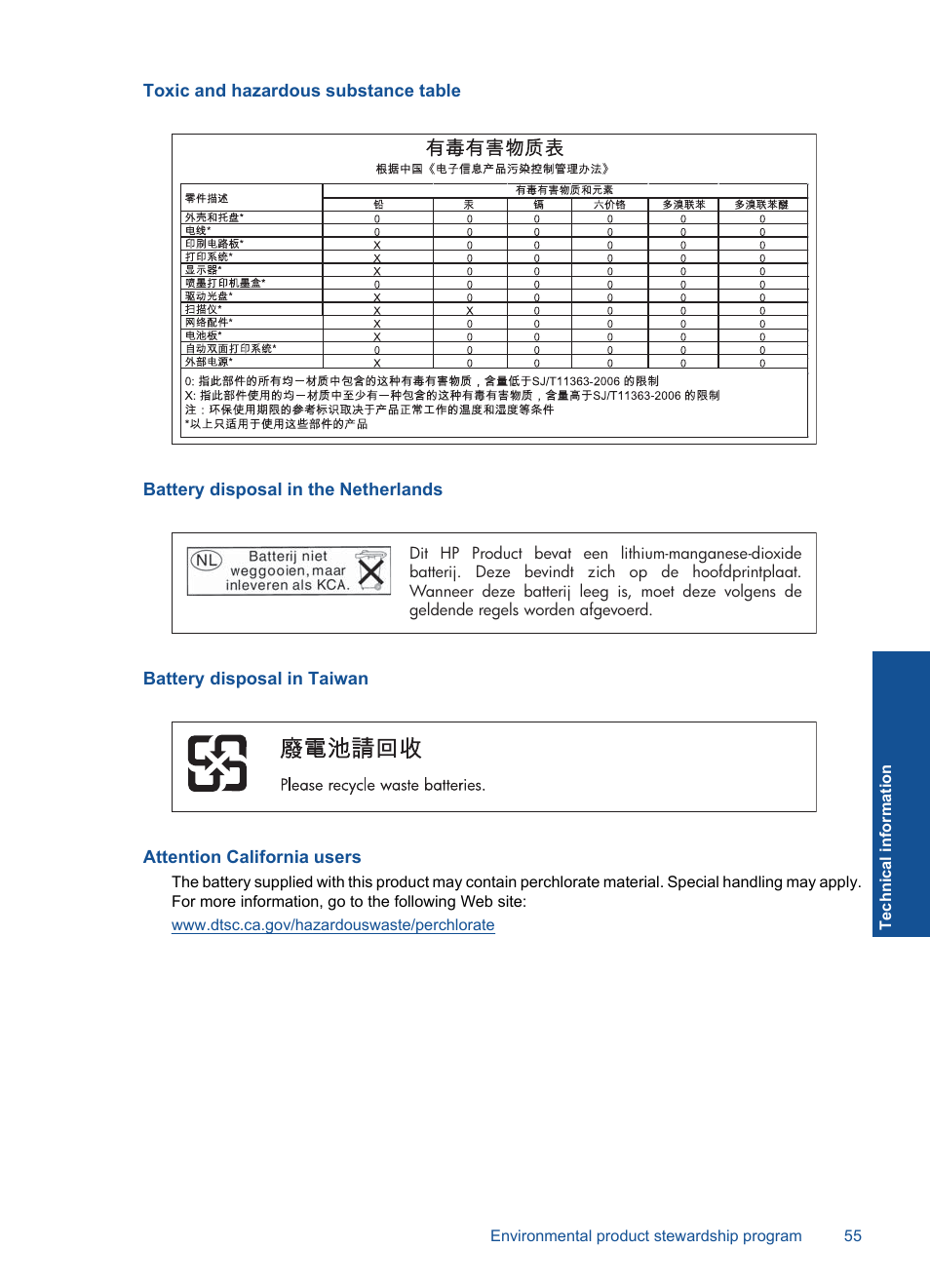 Toxic and hazardous substance table, Battery disposal in the netherlands, Battery disposal in taiwan | Attention california users | HP Photosmart Plus e-All-in-One Printer - B210e User Manual | Page 57 / 68
