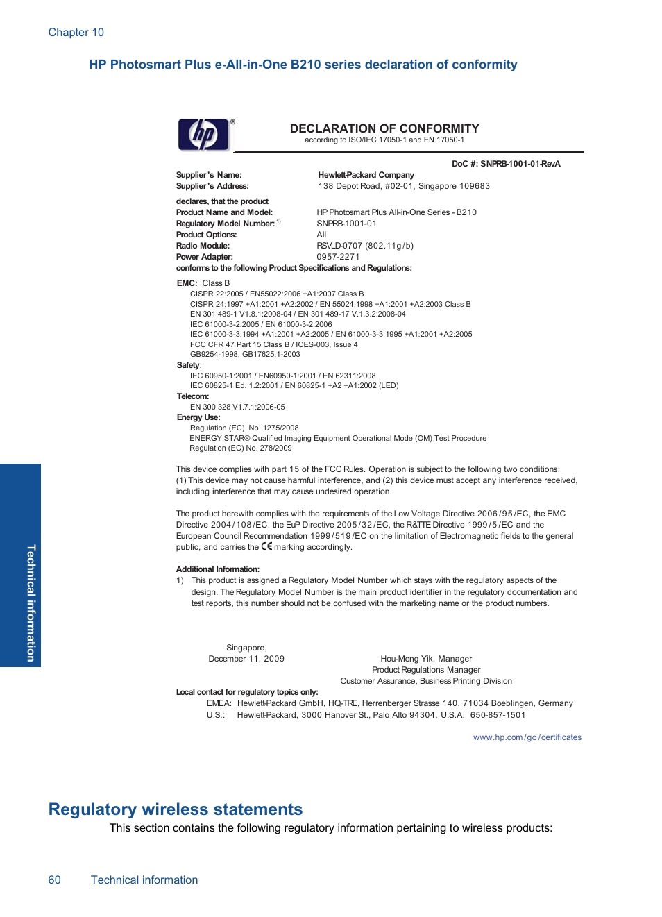 Regulatory wireless statements, Declaration of conformity | HP Photosmart Plus e-All-in-One Printer - B210e User Manual | Page 62 / 68