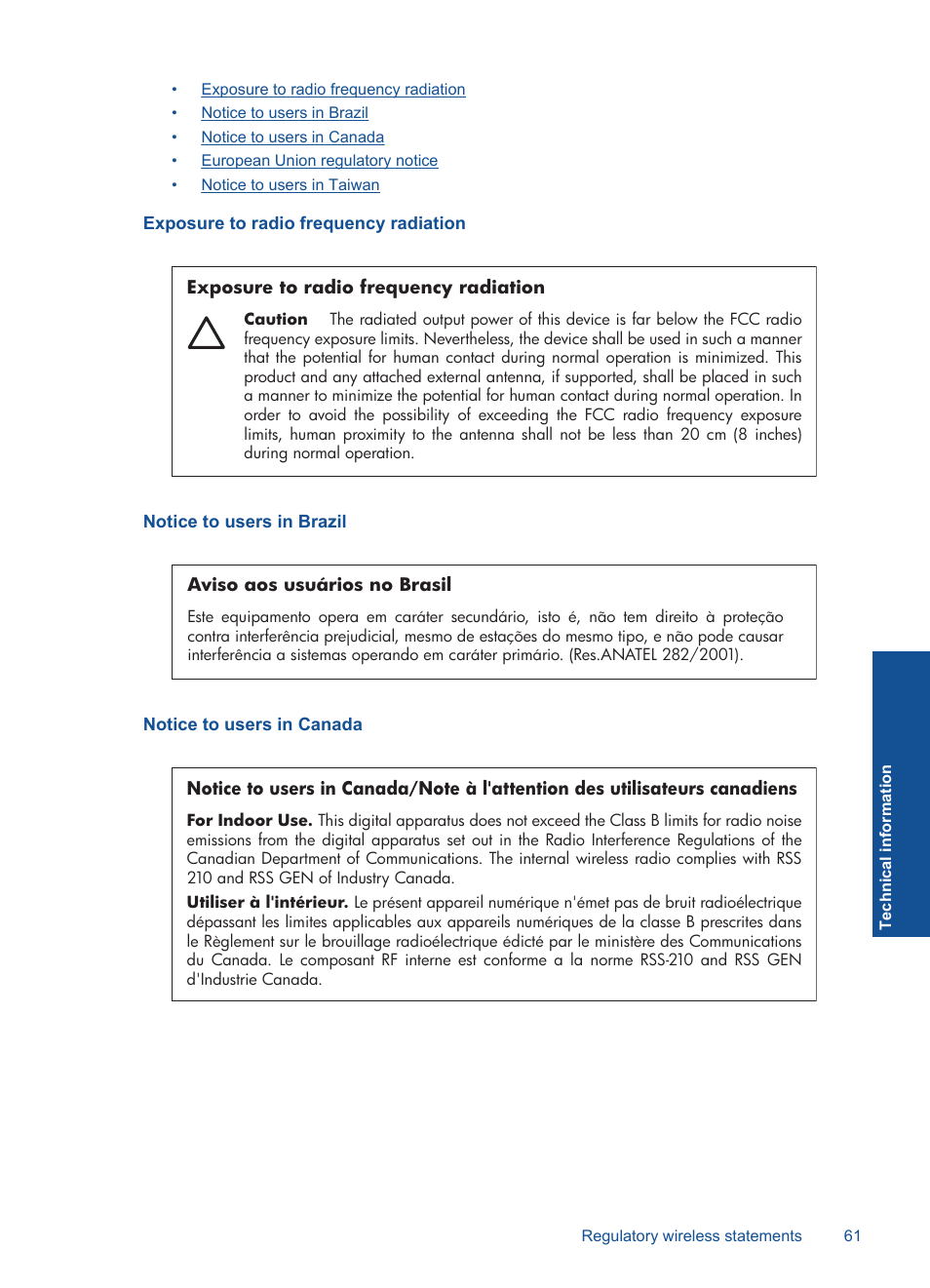 Exposure to radio frequency radiation, Notice to users in brazil, Notice to users in canada | HP Photosmart Plus e-All-in-One Printer - B210e User Manual | Page 63 / 68