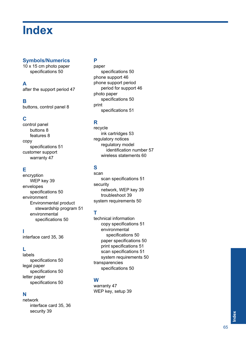 Index | HP Photosmart Plus e-All-in-One Printer - B210e User Manual | Page 67 / 68