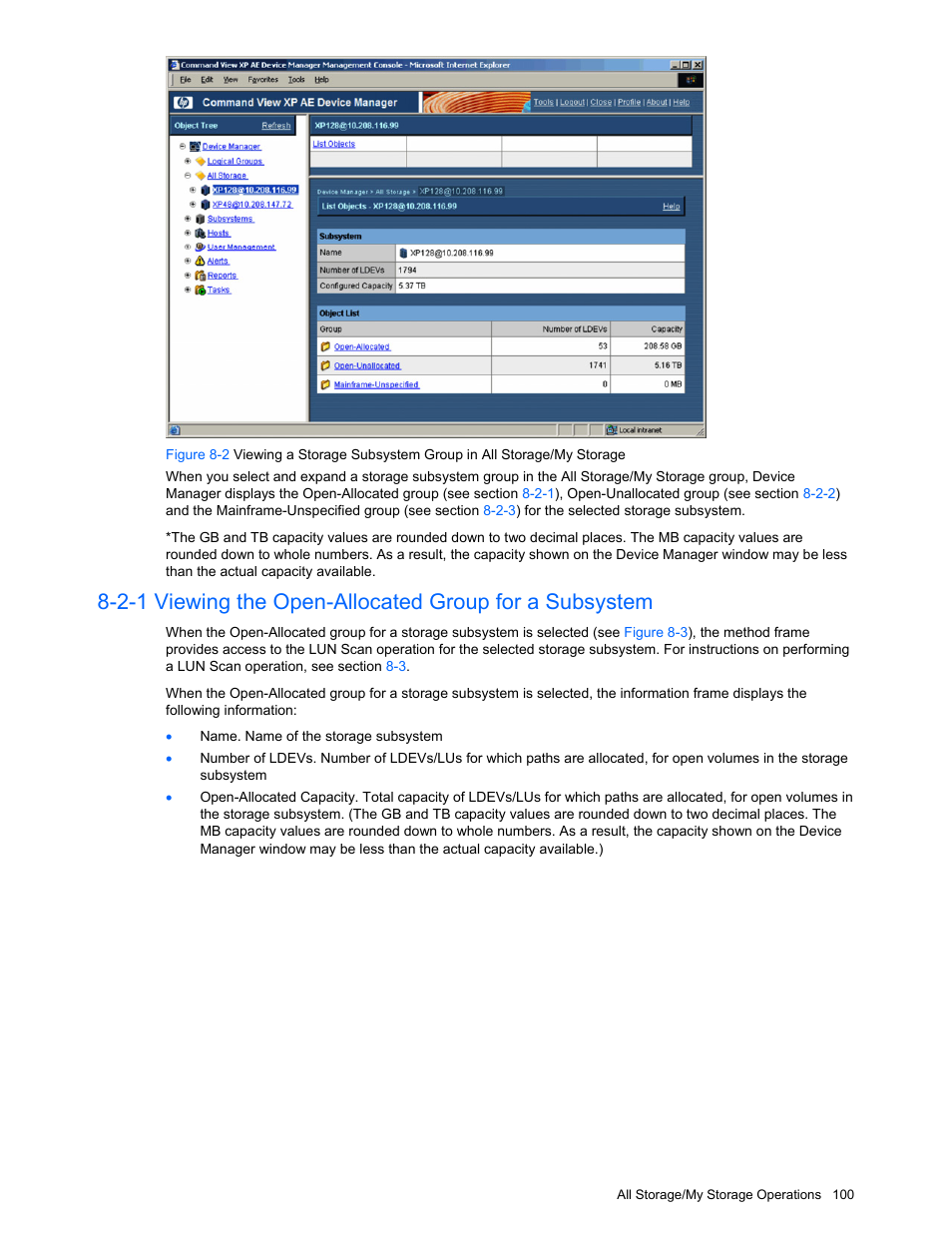 Viewing the open-allocated group for a subsystem | HP XP Command View Advanced Edition Software User Manual | Page 100 / 201