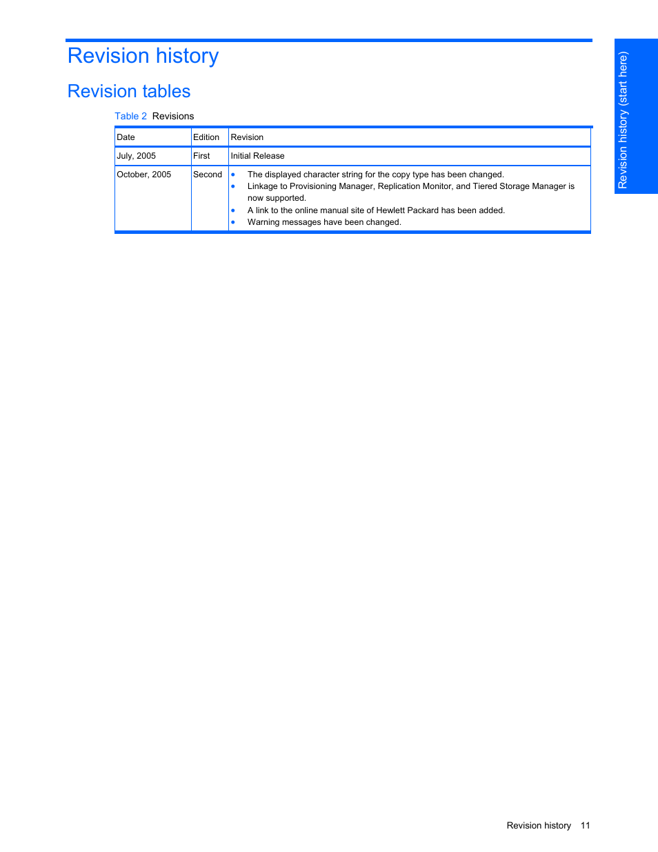 Revision history, Revision tables, Table 2 revisions | HP XP Command View Advanced Edition Software User Manual | Page 11 / 201