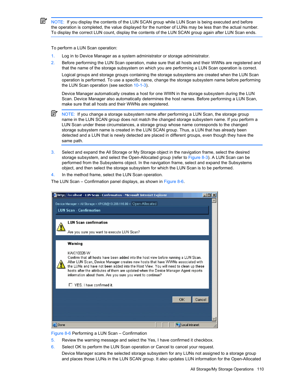 Figure 8-6 performing a lun scan – confirmation | HP XP Command View Advanced Edition Software User Manual | Page 110 / 201