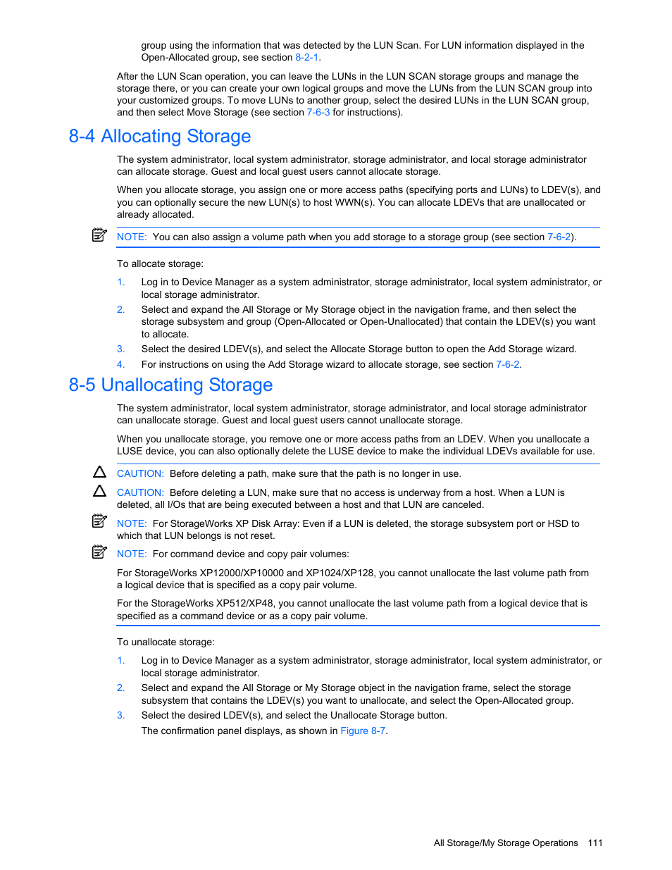 4 allocating storage, 5 unallocating storage, Allocating storage | Unallocating storage | HP XP Command View Advanced Edition Software User Manual | Page 111 / 201