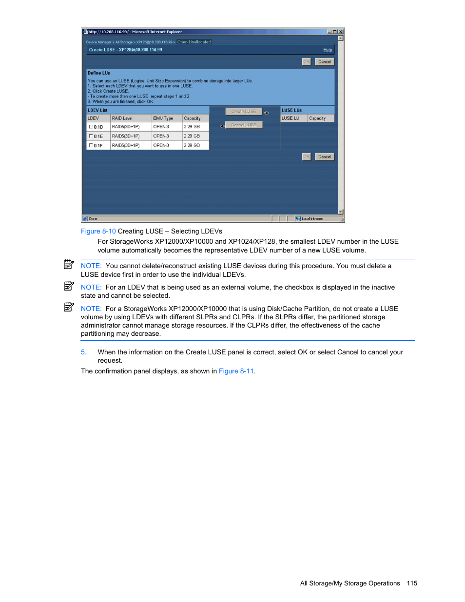 Figure 8-10 creating luse – selecting ldevs | HP XP Command View Advanced Edition Software User Manual | Page 115 / 201