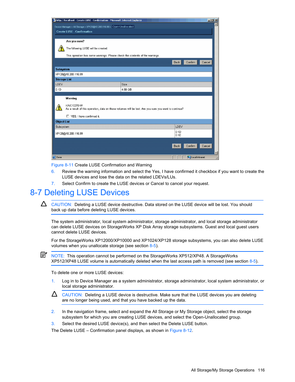 7 deleting luse devices, Deleting luse devices, Figure 8-11 create luse confirmation and warning | HP XP Command View Advanced Edition Software User Manual | Page 116 / 201