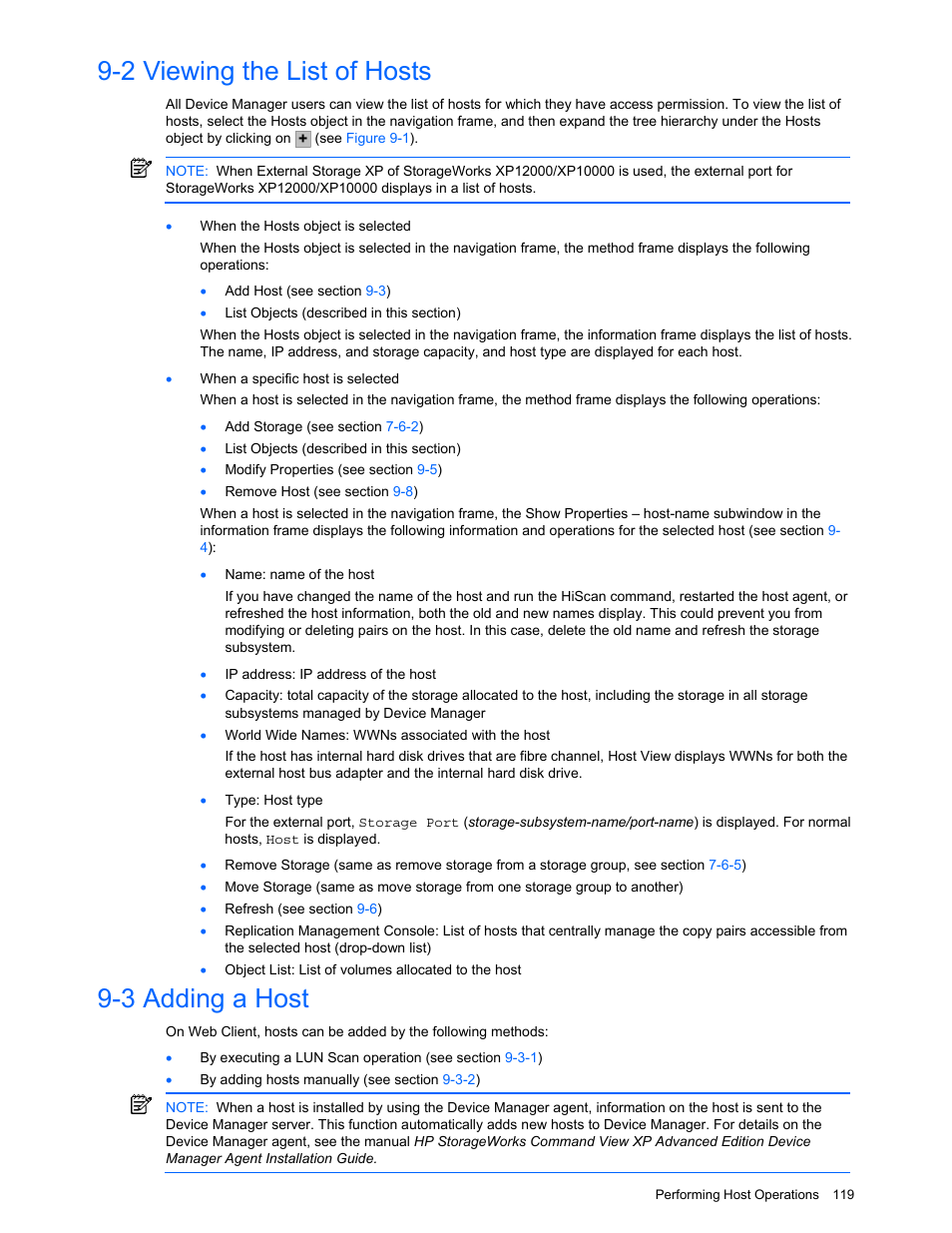 2 viewing the list of hosts, 3 adding a host, Viewing the list of hosts | Adding a host | HP XP Command View Advanced Edition Software User Manual | Page 119 / 201