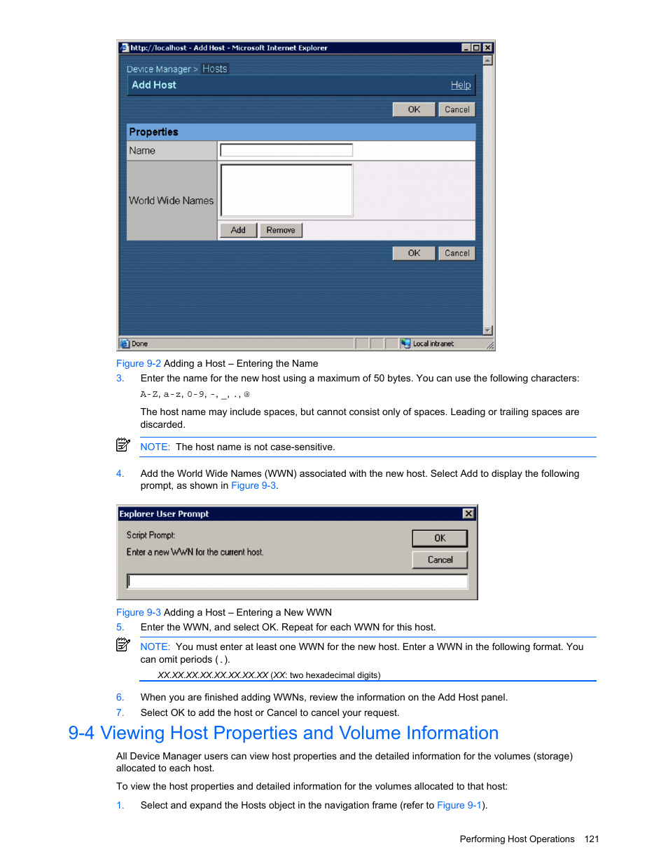 4 viewing host properties and volume information, Viewing host properties and volume information, Figure 9-2 adding a host – entering the name | Figure 9-3 adding a host – entering a new wwn | HP XP Command View Advanced Edition Software User Manual | Page 121 / 201