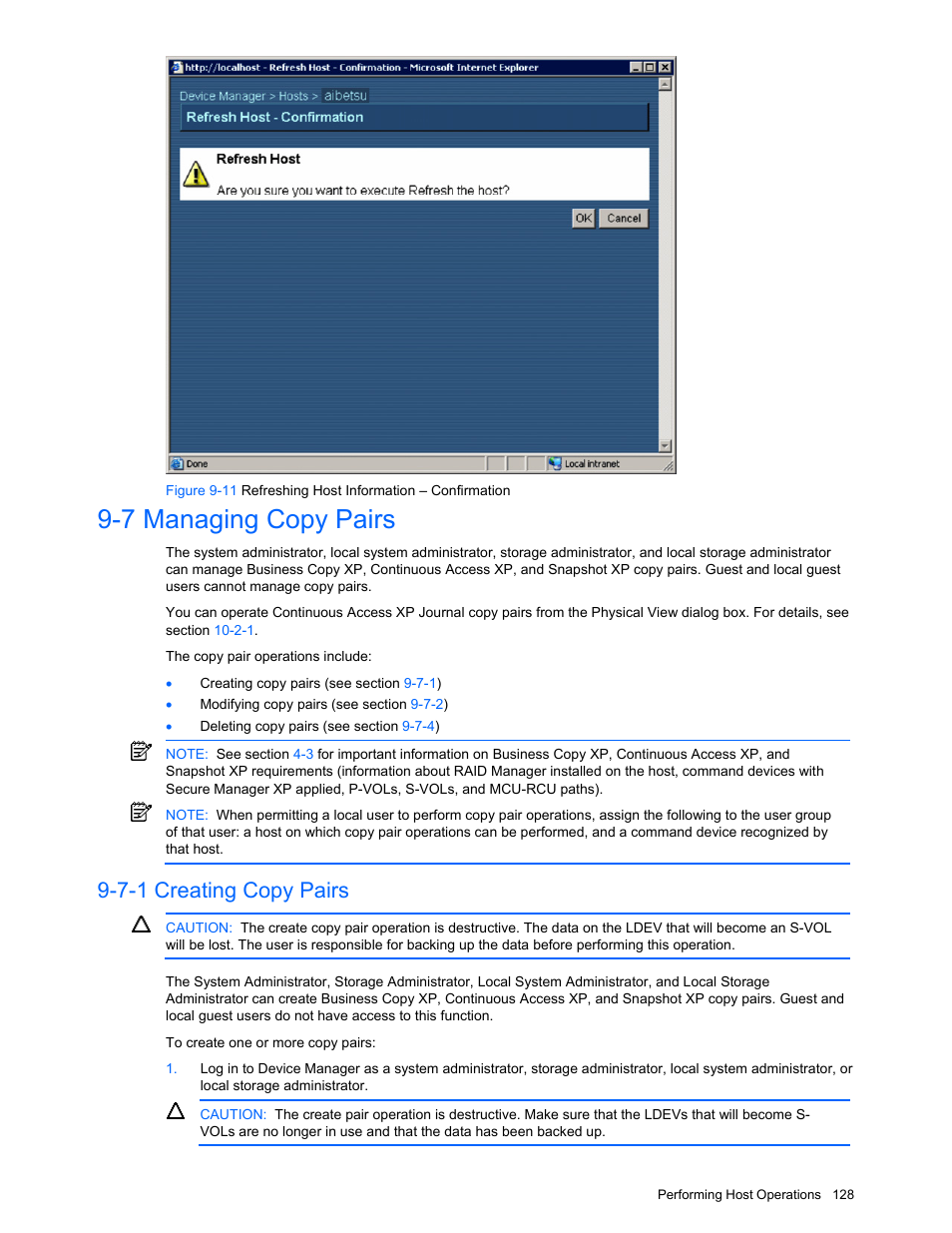 7 managing copy pairs, 7-1 creating copy pairs, Managing copy pairs | Creating copy pairs | HP XP Command View Advanced Edition Software User Manual | Page 128 / 201