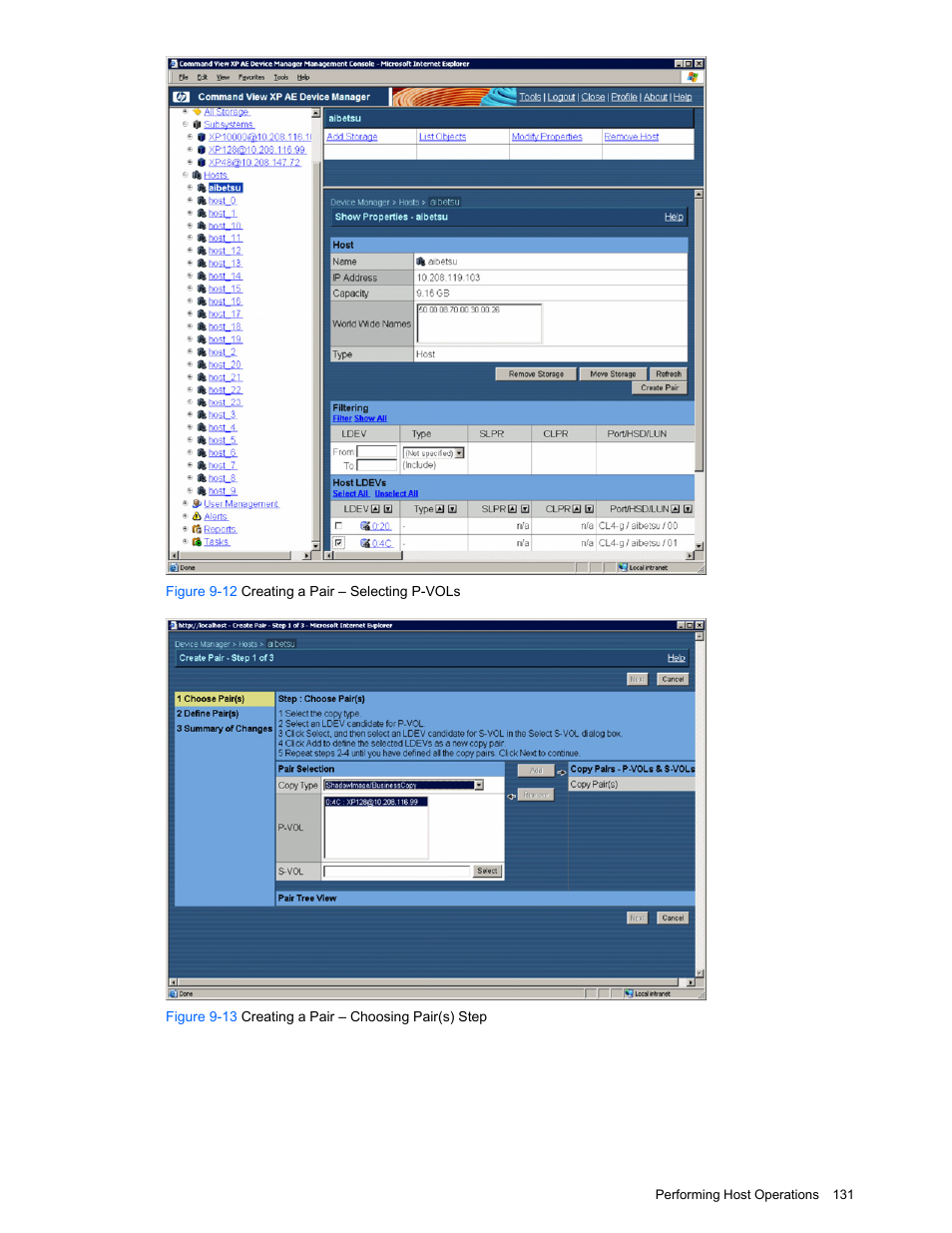 Figure 9-12 creating a pair – selecting p-vols | HP XP Command View Advanced Edition Software User Manual | Page 131 / 201