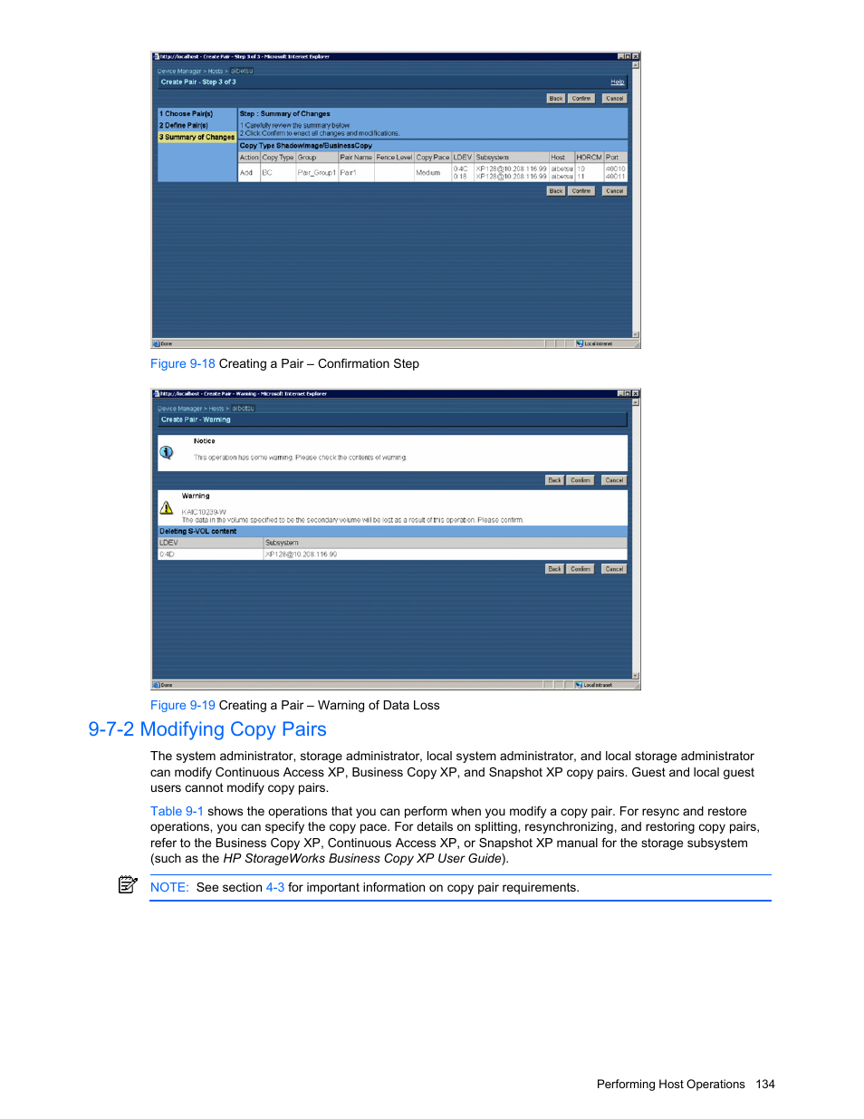 7-2 modifying copy pairs, Modifying copy pairs, Figure 9-18 creating a pair – confirmation step | Figure 9-19 creating a pair – warning of data loss | HP XP Command View Advanced Edition Software User Manual | Page 134 / 201