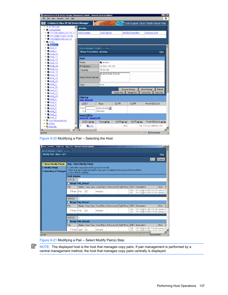 Figure 9-20 modifying a pair – selecting the host | HP XP Command View Advanced Edition Software User Manual | Page 137 / 201