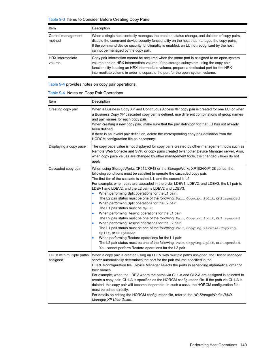 Table 9-4 notes on copy pair operations | HP XP Command View Advanced Edition Software User Manual | Page 140 / 201